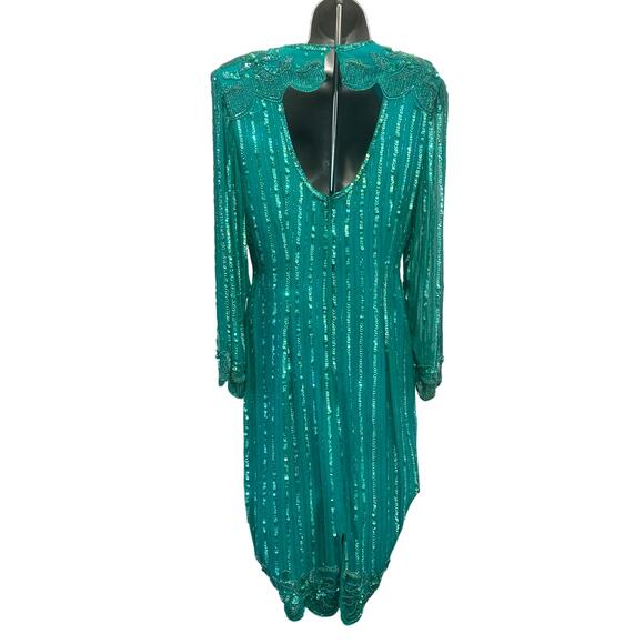 Nadine Boutique Vintage 100% Silk Hand Beaded Turquoise Green Cocktail Dress-M - Picture 6 of 16